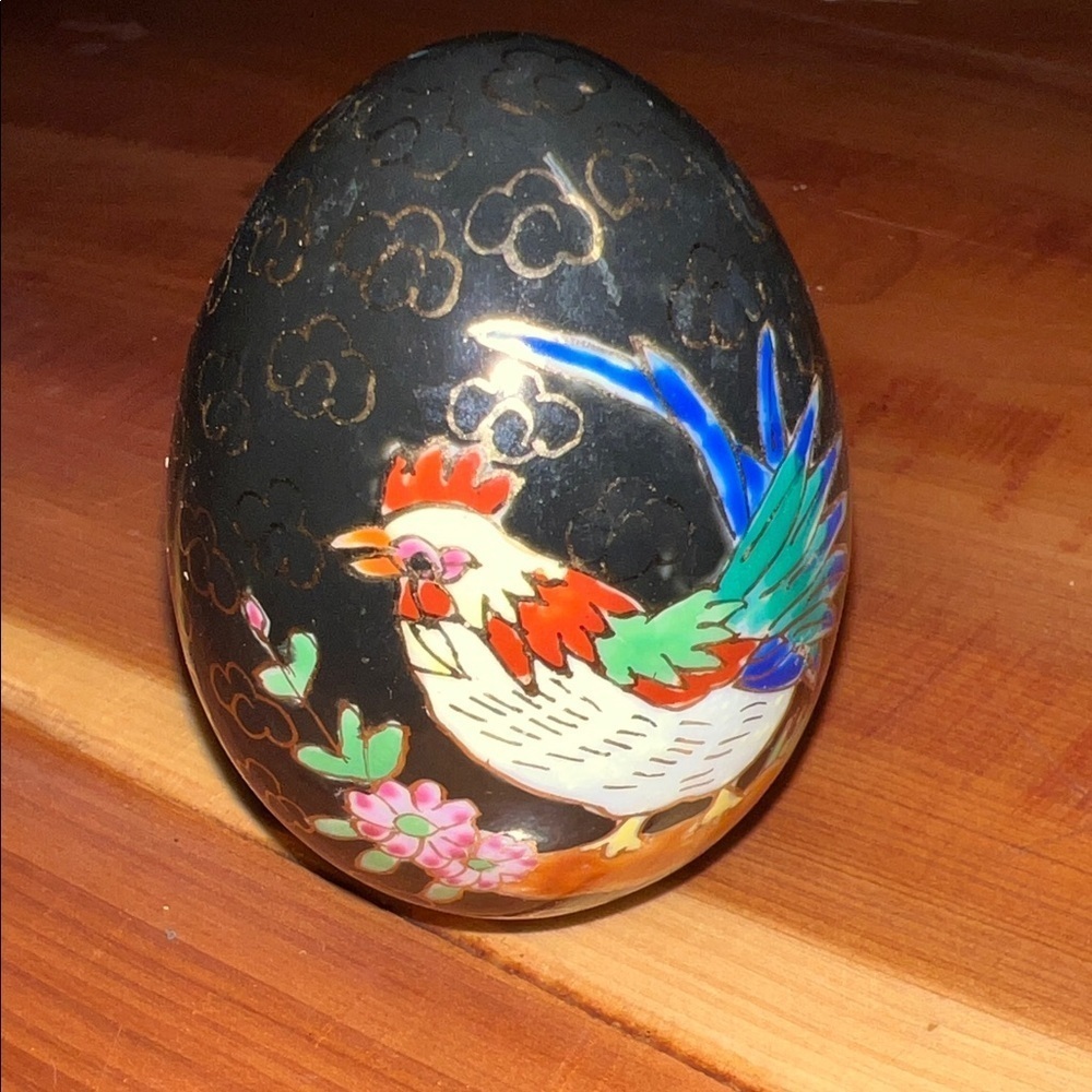 Vintage Cloisonne Egg Enamel Black Floral Rooster Chicken Spring Easter 4"